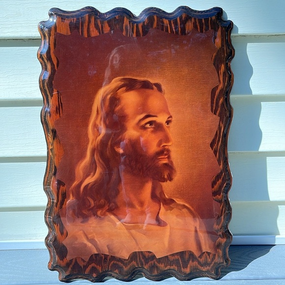 Vintage Head of Christ Lacquered Wood Wall Art 15x22 - Picture 7 of 12
